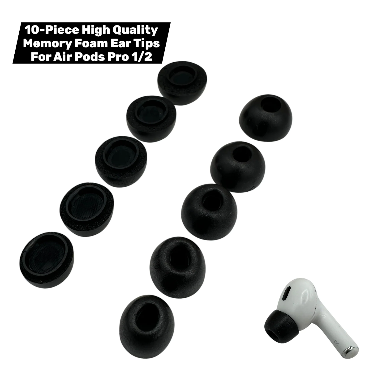 Apple AirPods Pro Memory Foam Ear Tips – 10-Pack (1st & 2nd Gen, XS–XL, Black) - Image 4