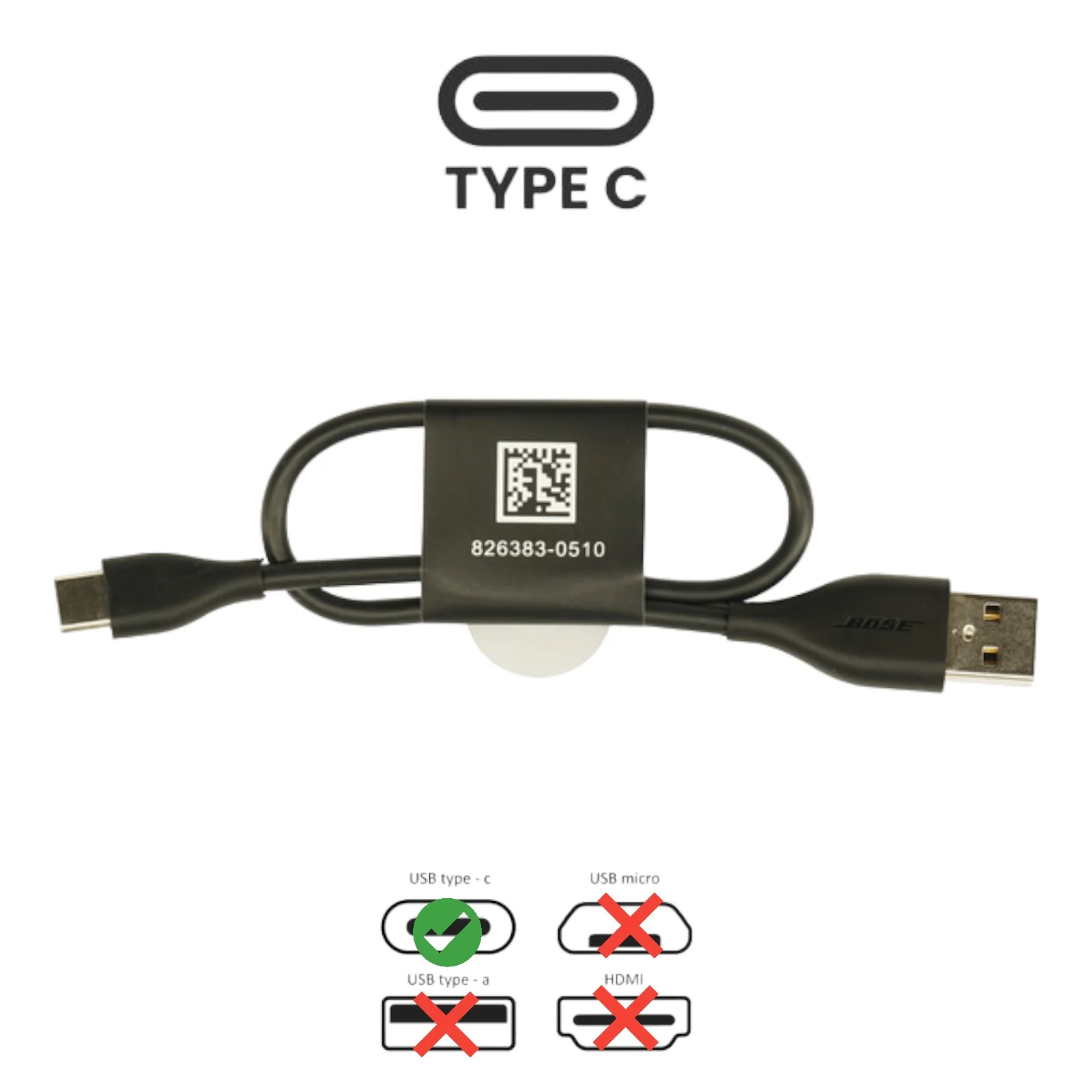 Bose Headphones Earbuds USB-A To USB-C Charging Cable 12" (Black) - Accessories - Image 2