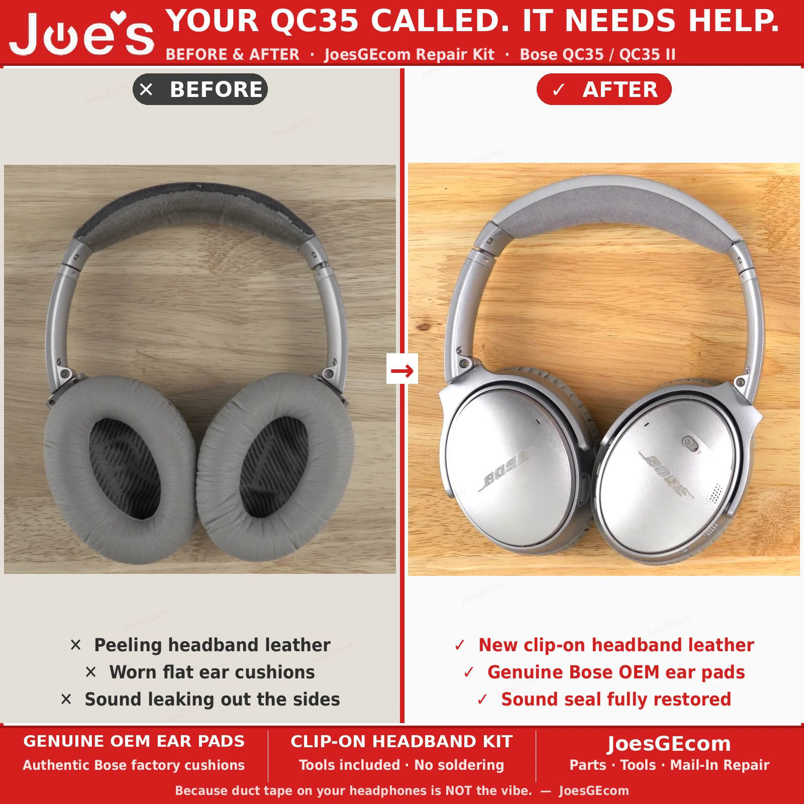 Bose QC35 / QC35 II Complete Repair Kit Genuine OEM Ear Pads + Clip-On Headband Leather + Tool Kit - Image 3