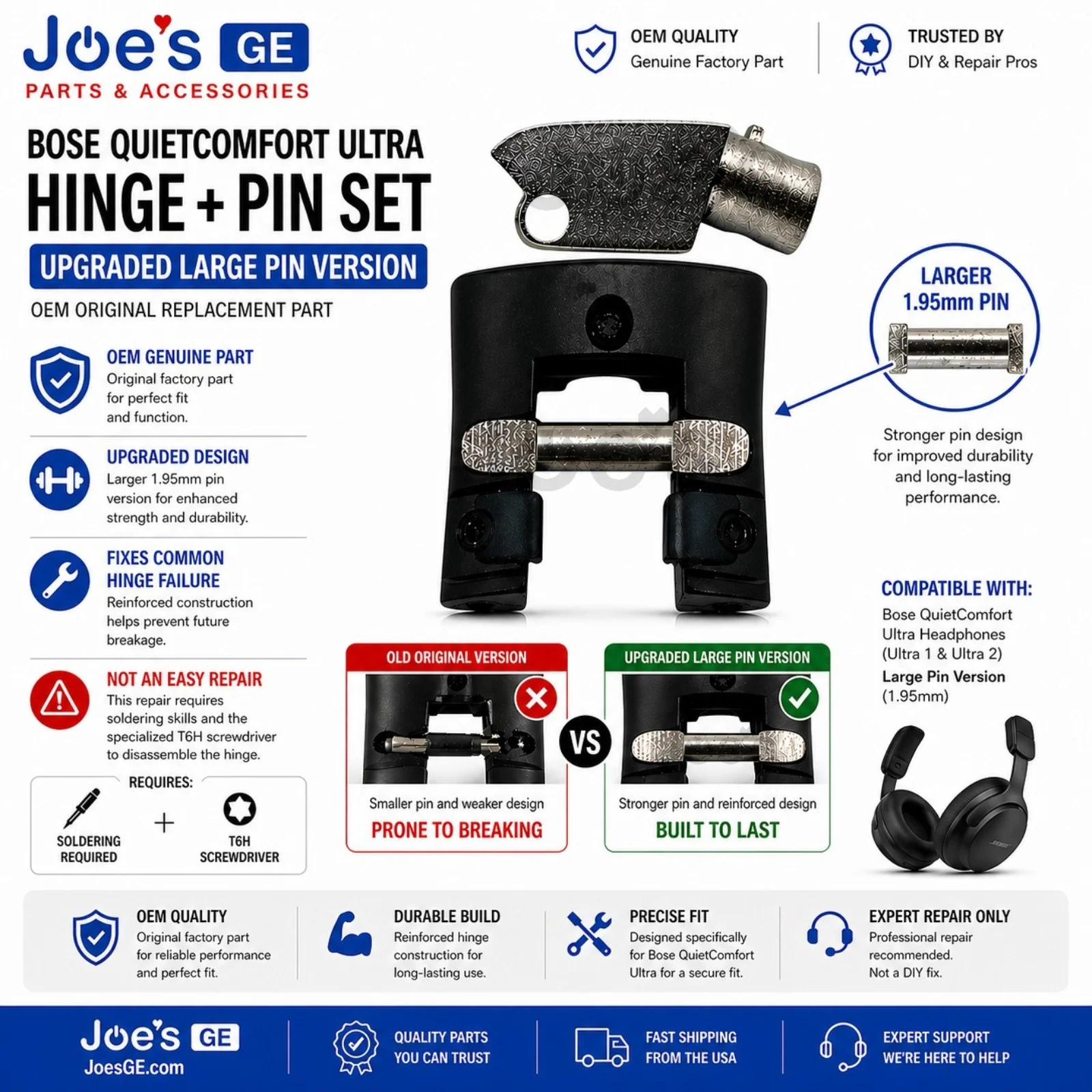 Bose QuietComfort Ultra Hinge Swivel + Hinge Pin + Plastic Pin Holder Kit OEM Original Replacement Parts (Large Pin Version) - Image 2