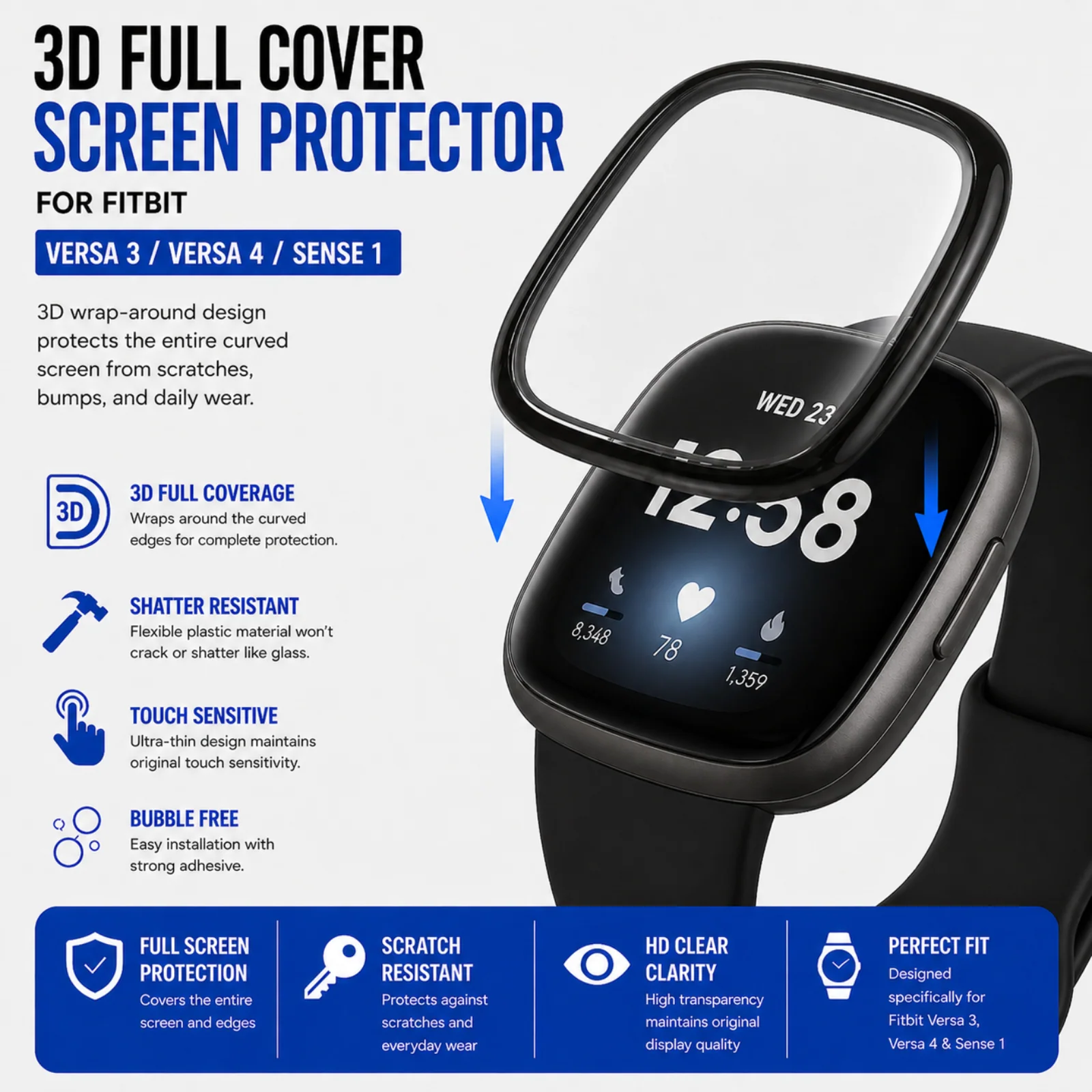 Fitbit Versa 3 Sense Versa 4 3D Curved Screen Protector 2 Pack Plastic Film Replacement Parts - Image 3