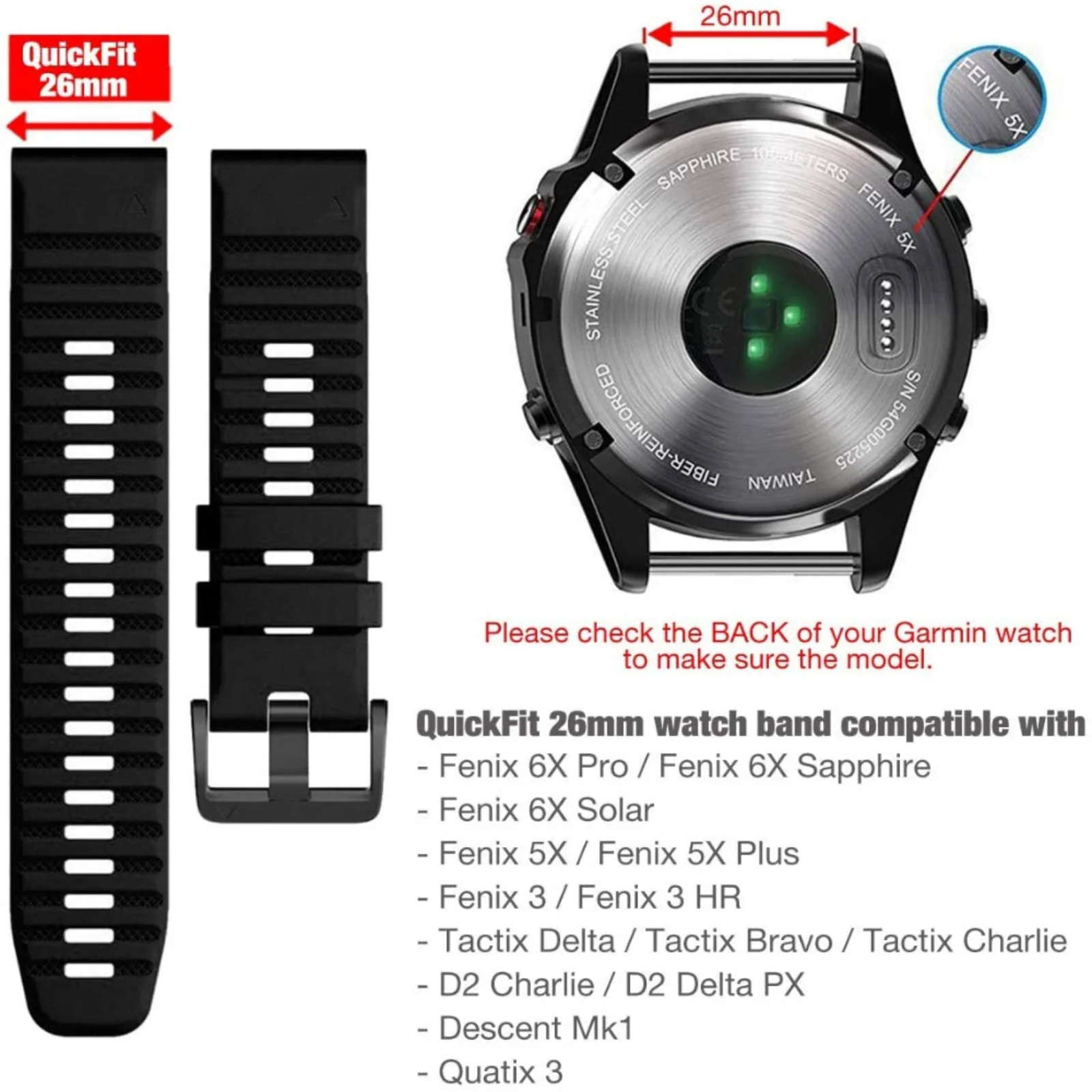 Garmin Fenix 6X 6X Pro Solar Wristband Band Replacement (Black) - Accessories - Image 2