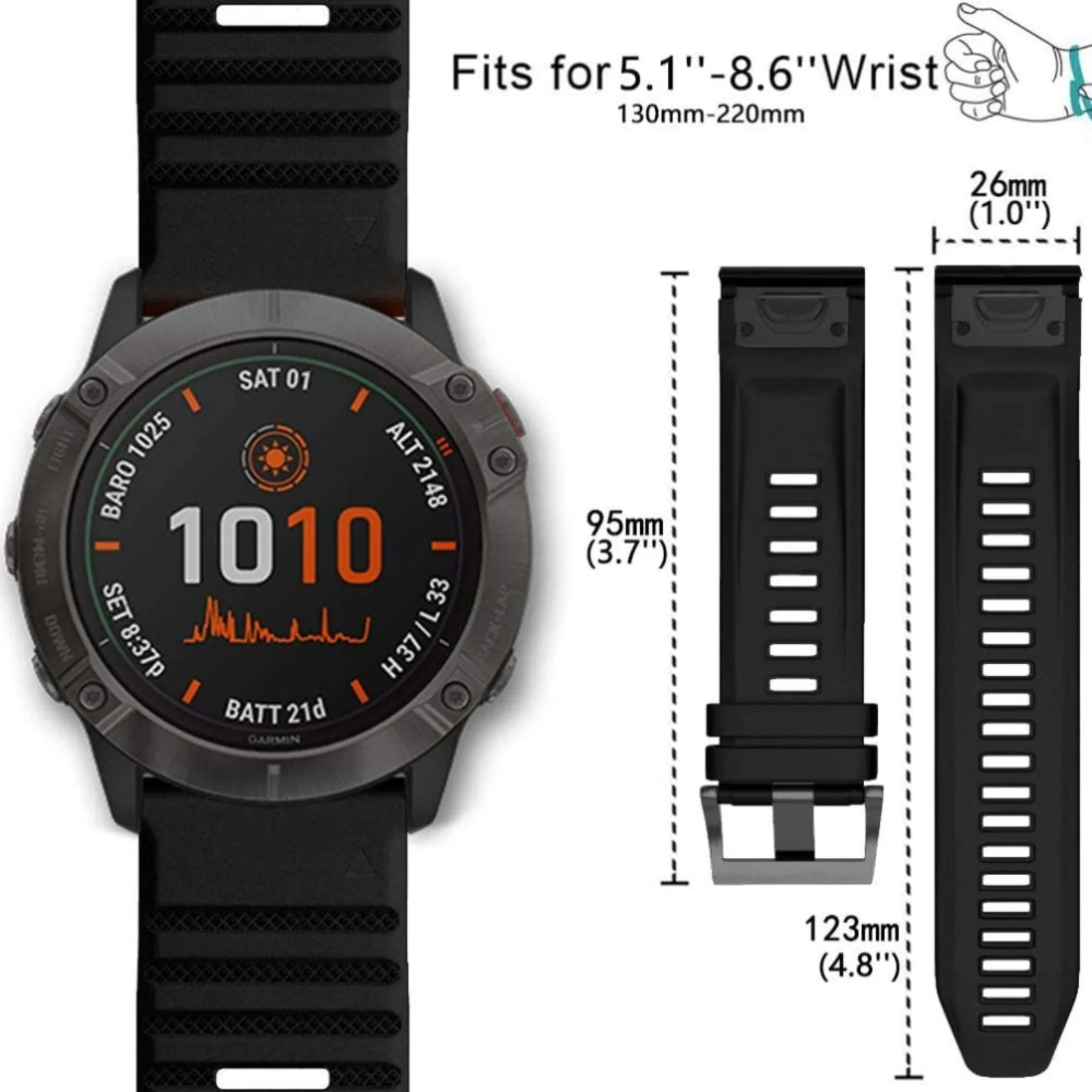 Garmin Fenix 6X 6X Pro Solar Wristband Band Replacement (Black) - Accessories - Image 3