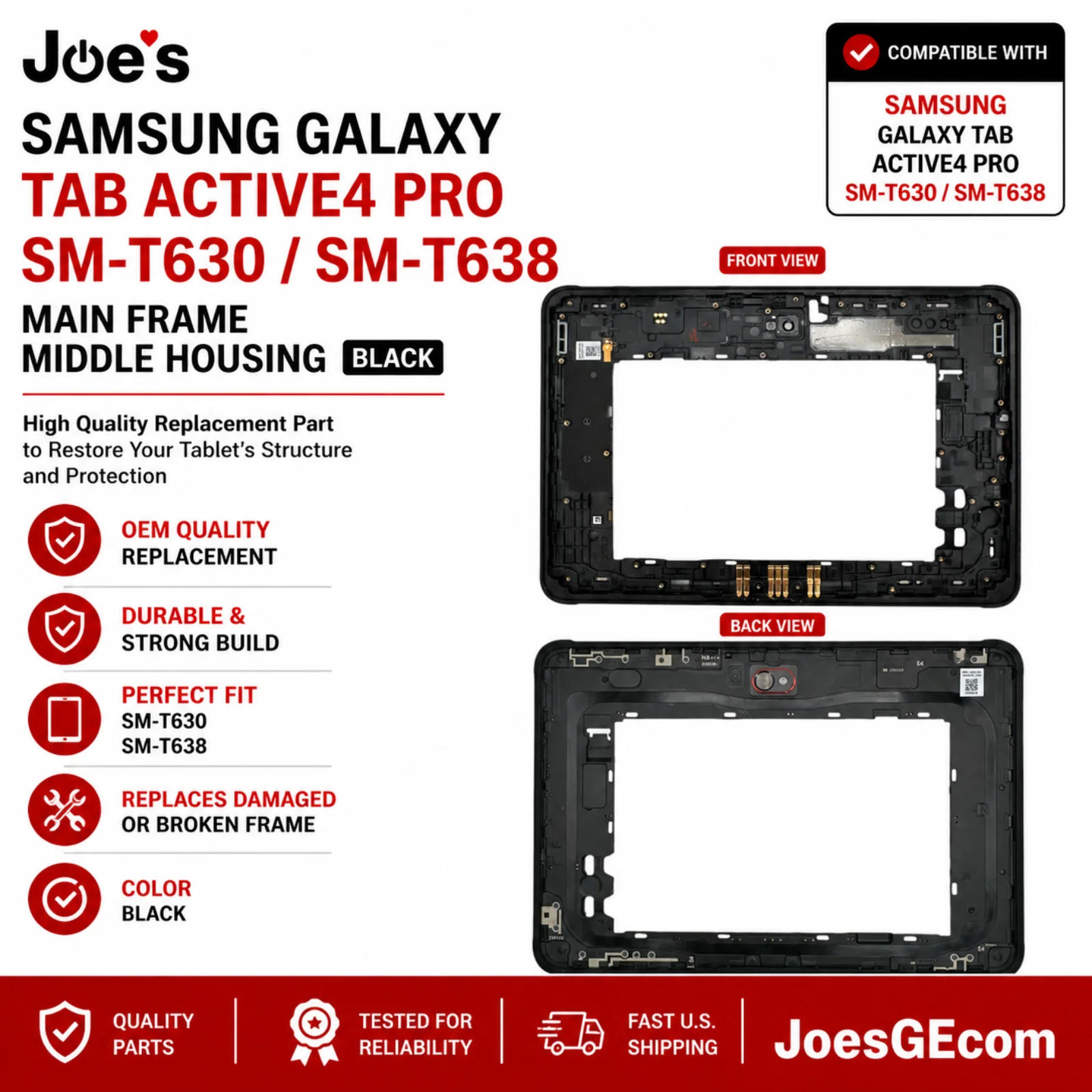 Samsung Galaxy Tab Active4 Pro SM-T630 SM-T638 Main Frame Middle Housing Black OEM Original Replacement Parts - Image 3