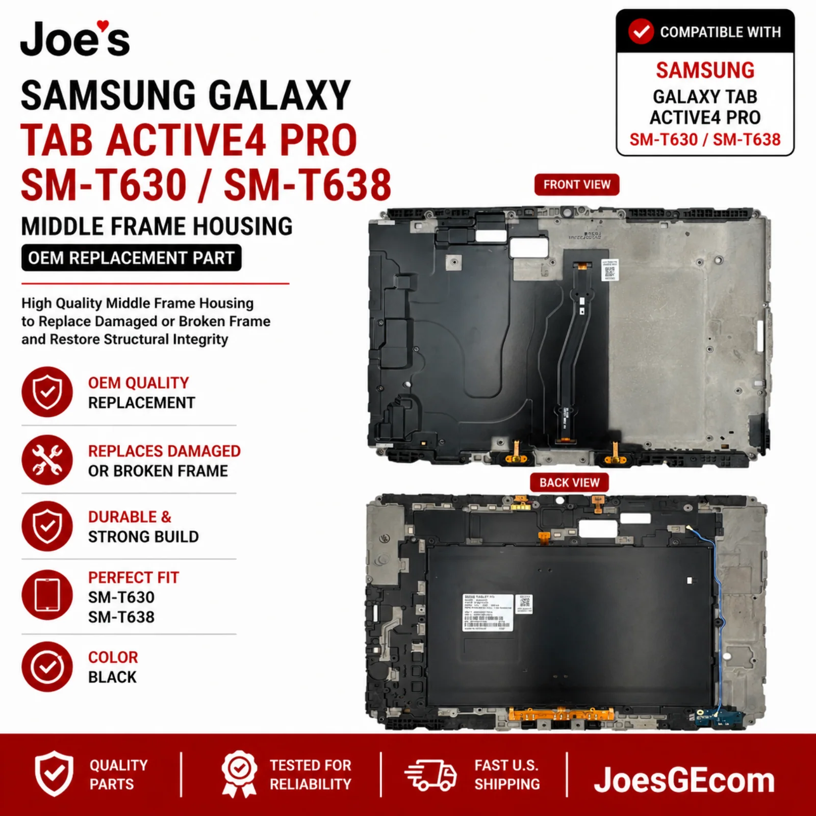 Samsung Galaxy Tab Active4 Pro SM-T630 SM-T638 Middle Frame Chassis Black OEM Original Replacement Parts - Image 3