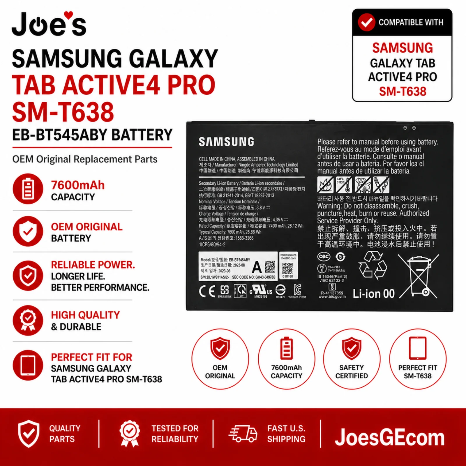 Samsung Galaxy Tab Active 4 Pro SM-T638 EB-BT545ABY Battery 7600mAh OEM Original Replacement Parts - Image 2