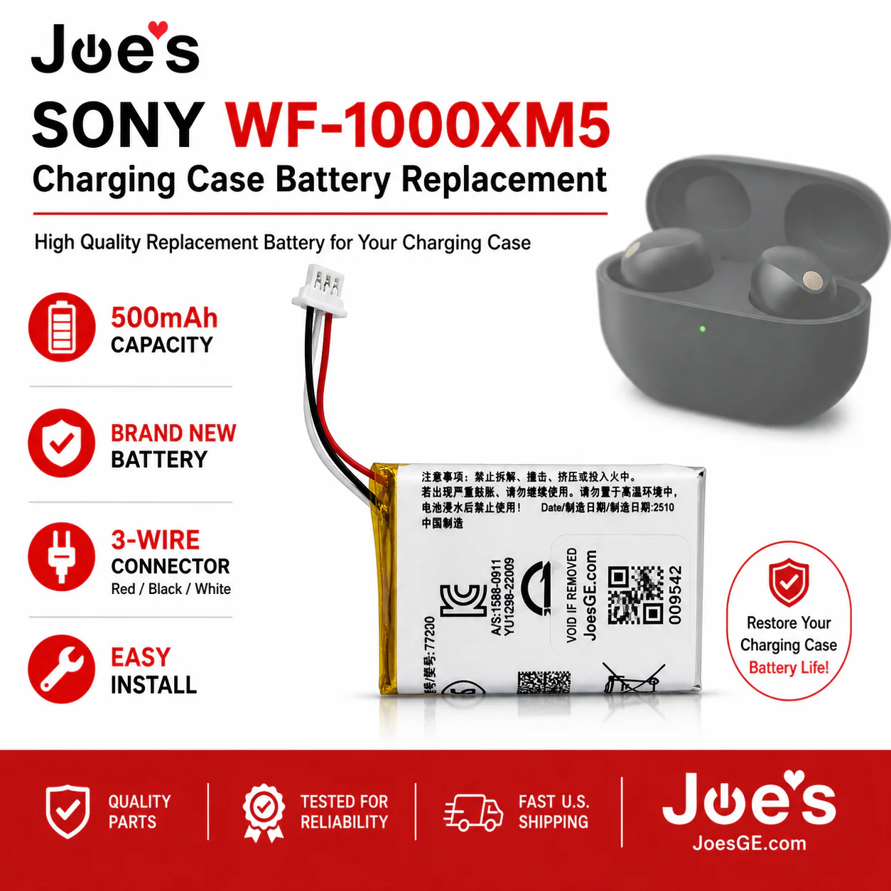 Sony WF-1000XM5 Charging Case Battery 500mAh 772030 Replacement Parts - Image 3